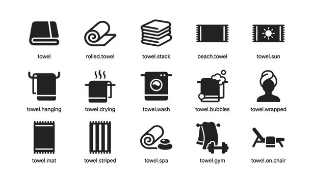 Towel and bath icons arranged in a grid on white background