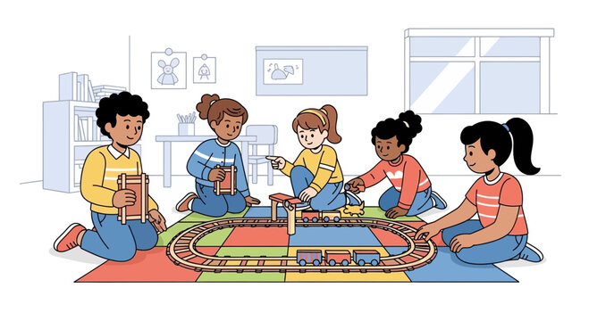 Children playing with train tracks.