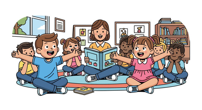 Children sitting in a circle laughing.