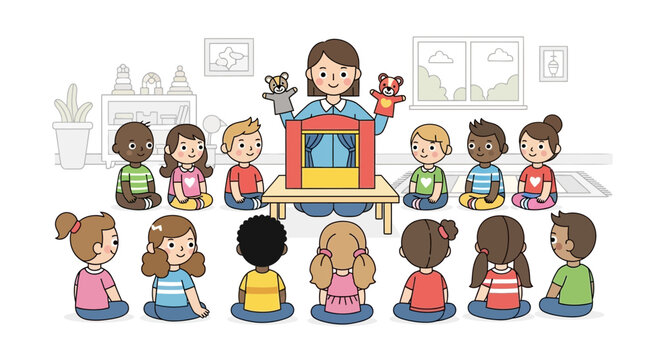 Children watching a puppet show in a classroom setting.