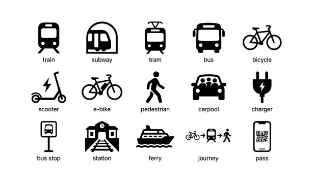 Transportation icons showing vehicles and travel modes in grid layout