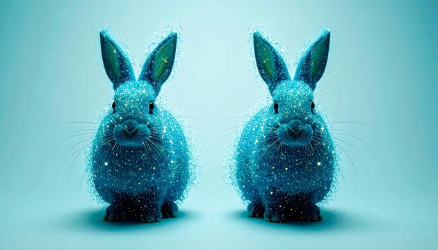 Two shimmering blue bunnies stand facing forward against a light blue backdrop. Sparkles add an enchanting, ethereal quality to the fur and ears