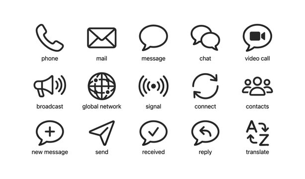 Communication icons showing phone mail chat in grid, white background