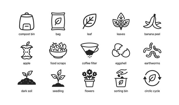 Compost icons showing bin bag leaf scraps in grid, white background