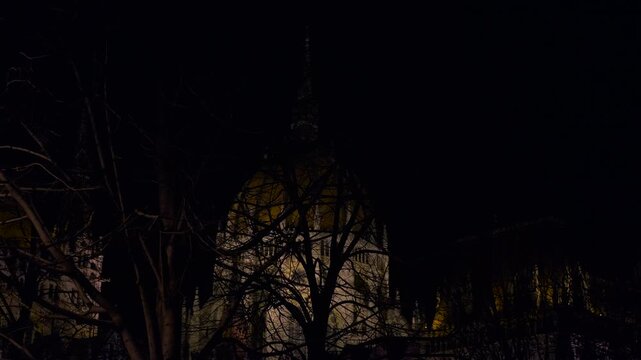 Hungarian parliament building partially obscured by trees at night. Illuminated dome and facade of the hungarian parliament building in budapest, are partially visible behind bare tree branches under
