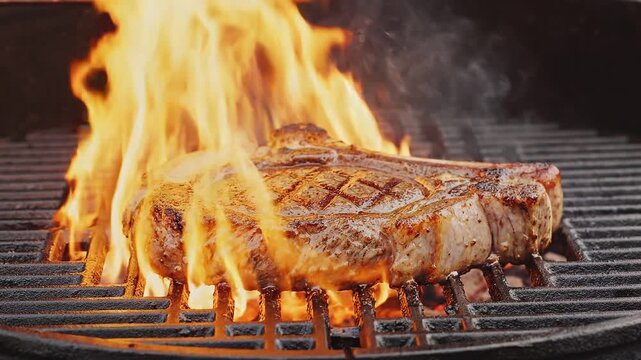 Grilled steak on a flaming barbecue grill with smoke