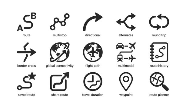 Route and navigation icons showing travel modes and route planning
