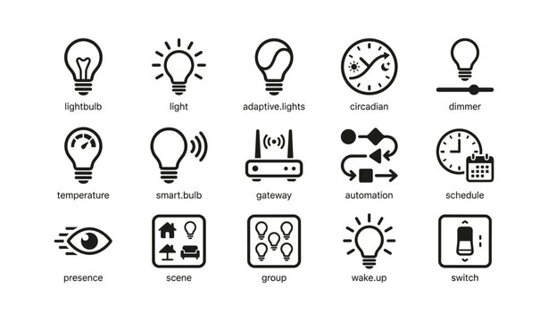 Lighting and smart home icons arranged in grid on white background