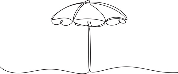 Beach umbrella, parasol for summer holiday, continuous one line drawing. Sunshade equipment. Summertime relax on coast of sea. one line Icon drawing © them