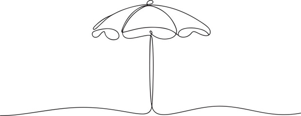 Beach umbrella, parasol for summer holiday, continuous one line drawing. Sunshade equipment. Summertime relax on coast of sea. one line Icon drawing © them