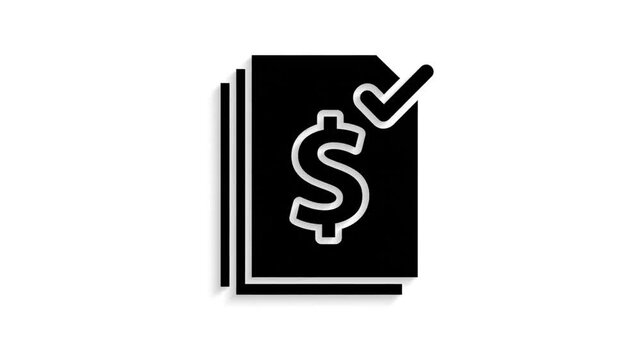 Financial Document Icon Flat Vector Animation In Black Showing Dollar Sign Stacking And Approval On White Background