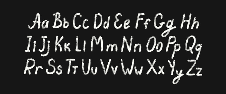 Handwritten uppercase and lowercase letters of the English alphabet on a black background. A typeface set in a chalkboard style. An artistic font featuring brushstrokes