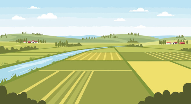 Agricultural fields with river landscape.