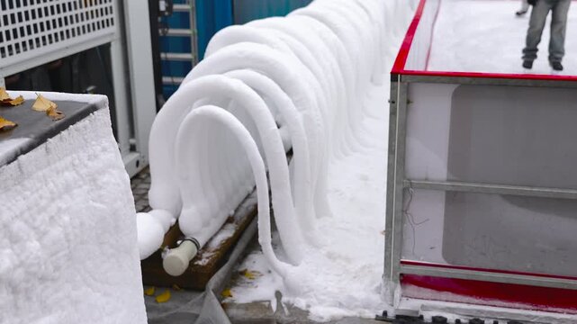 Industrial cooling system producing artificial snow for an ice rink. Refrigeration pipes of a mobile ice rink cooling system generating artificial snow and frost during operation, with skaters visible