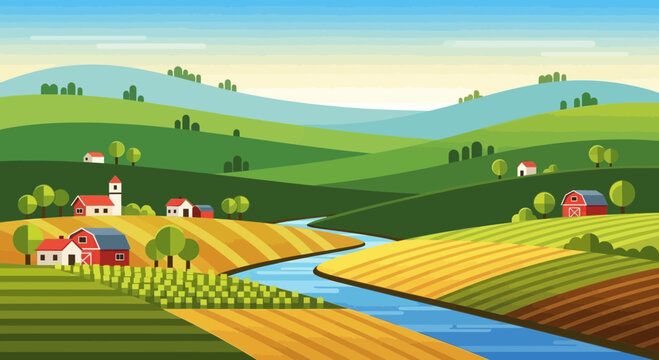 Agricultural landscape with rolling hills.