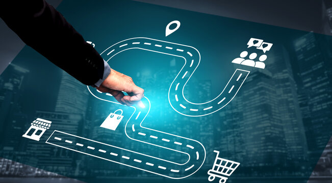 A hand points at a digital roadmap showcasing icons related to shopping and communication, set against a dynamic city skyline, symbolizing modern business strategies and growth. Ledger