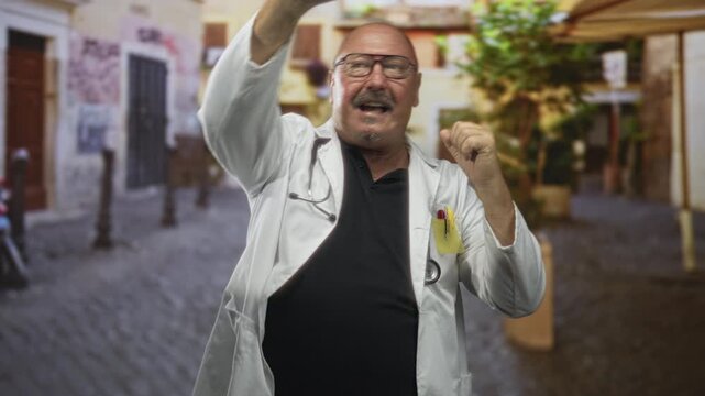Man doctor in labcoat with stethoscope raises both fists in a cheering victory pose on a cobblestone street; celebration hope.