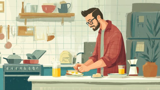 Man preparing a healthy breakfast of fried eggs and toast in a bright kitchen