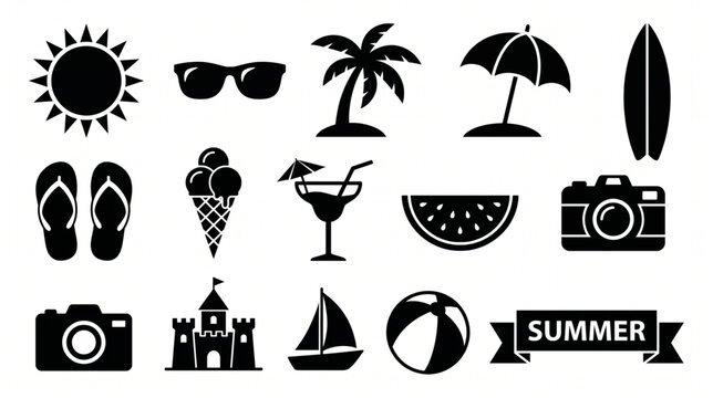 Summer vacation icons including sun, sunglasses, palm tree, umbrella, surfboard, flip-flops, ice cream, cocktail, watermelon, camera, castle, sailboat, and beach ball
