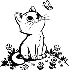 Black and white cartoon cat sitting in grass with flowers and butterfly © eiparoy
