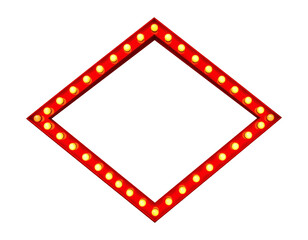 Obraz premium A vibrant red rhombus-shaped vintage marquee sign frame with glowing yellow light bulbs creates an eye-catching retro display for advertising events and theatrical performances&nbsp;