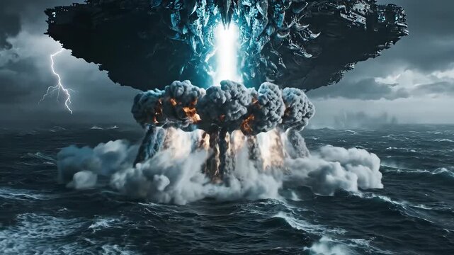 Alien UFO exploding over stormy ocean with massive smoke plume. Ideal for sci-fi theme, apocalyptic visual, mystery content, cinematic storytelling of extraterrestrial conflict and catastrophic events