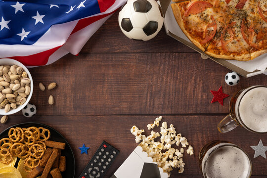 Football championship watch party with American flag, pizza, beer, snacks and soccer gear