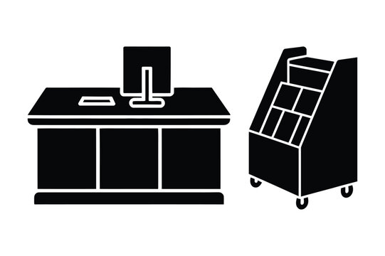 Vector illustration of a desk with computer and a display rack on wheels