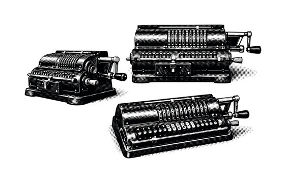 Vintage mechanical calculators displayed in a retro illustration style