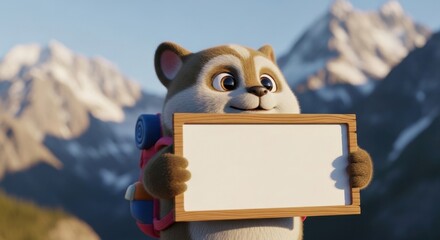 Naklejka premium Cute Cartoon Fox Holding Blank Sign in Mountain Landscape