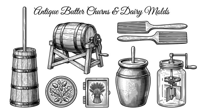 Vintage Hand-Drawn Set of Antique Butter Churns, Dairy Molds, and Wooden Paddles Vector Illustration in Woodcut Engraving Style