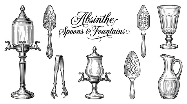 Vintage Engraved Absinthe Accessories Collection Featuring Water Fountains, Perforated Spoons, Sugar Tongs, and Glassware in Classic Etching Style