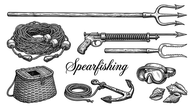 Vintage Spearfishing and Diving Equipment Set Vector Illustration Featuring Trident, Speargun, Anchor, Net, and Mask in Hand-Drawn Engraving Style
