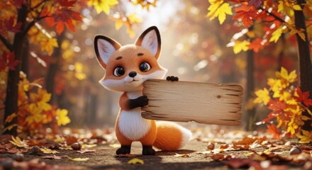 Fototapeta premium Cute Fox Holding Sign in Autumn Forest
