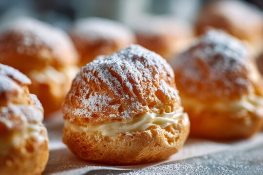 Cream Puffs Filled With Cream and Covered in Powdered Sugar Arranged on a Table in a Cozy Kitchen Setting During the Afternoon Generative AI