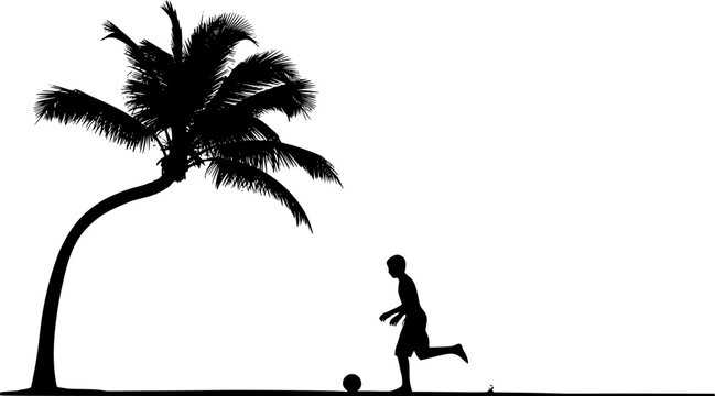 Youth Soccer Player Silhouette on Beach with Palm Tree, Isolated on White Background, Summer 2006 Football Memories Vector Illustration