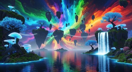 Naklejka premium Fantasy Floating Islands with Waterfall and Aurora