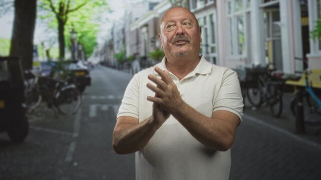 Man in a white polo shirt clapping his hands while looking upward on a tree lined street with parked bicycles and row houses; contentment.