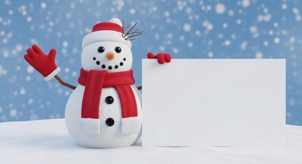 Fototapeta premium Snowman Holding Blank Sign in Snow