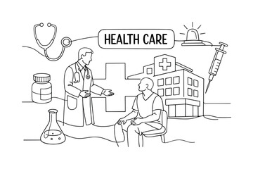 Fototapeta premium Doctor and patient discuss healthcare with hospital and medical symbols