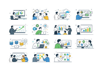 Obraz premium Collection of icons representing modern industry, automation, and technology concepts