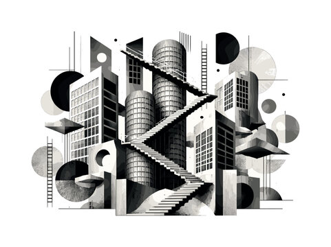 Abstract architectural composition with stairs and geometric shapes in monochrome