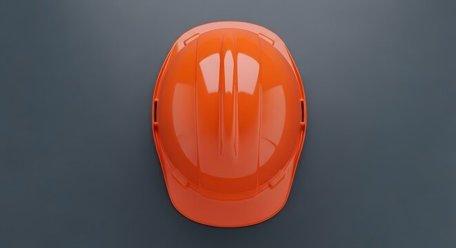 Orange protective construction helmet isolated on dark grey background.