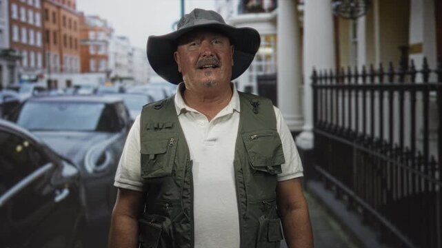 Man in fisherman vest tilting head and smiling while wearing wide brim hat on a city street; contentment retirement outdoors.