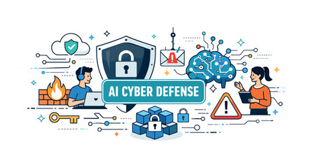 Naklejka premium AI cyber defense concept with digital brain and security elements