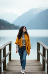 Fototapeta premium Woman walks on wooden pier near lake and mountains. Female wears orange scarf and jeans. Calm nature scene, overcast sky, outdoor leisure activity. Serene travel destination.