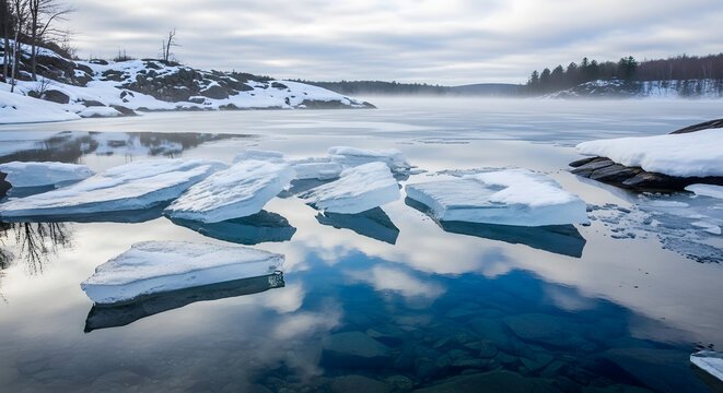 Ice chunks floating on water surface.