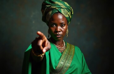 Fototapeta premium Woman in green traditional African outfit points finger forward. She looks serious and stern, possibly giving a command or warning. Her expression is intense, conveying authority and directness.
