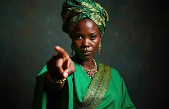 Woman in green traditional African outfit points finger forward. She looks serious and stern, possibly giving a command or warning. Her expression is intense, conveying authority and directness.