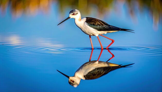 A solitary black-winged stilt bird with long red legs stands in calm blue water, its reflection clearly visible, capturing a moment of serene wildlife in nature.